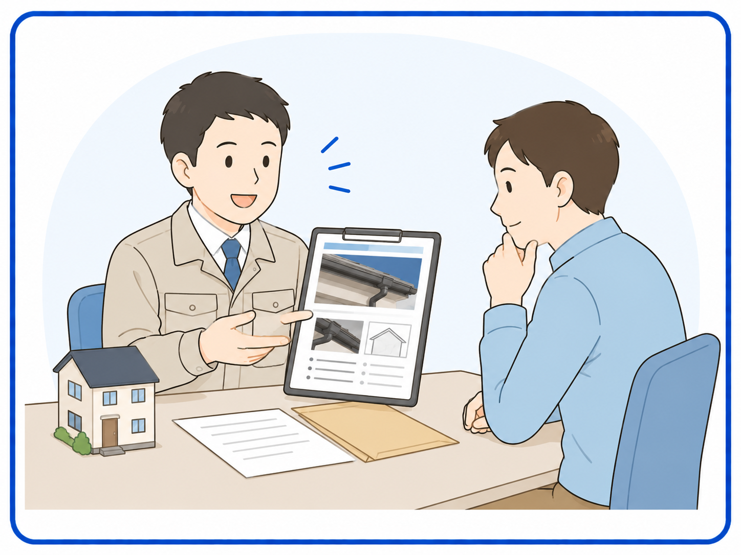雨樋の点検結果を伝えている様子